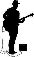 Silhouette musician plays the guitar on a white background.